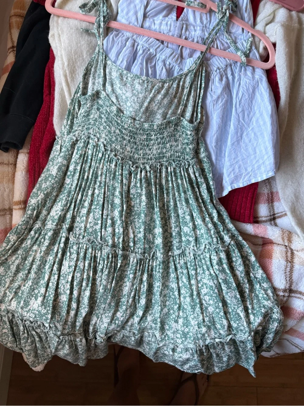 SHEIN Green Floral Tiered Mini Dress